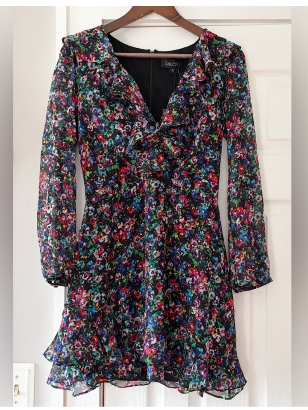SALONI Black Floral Silk-Georgette Mini Dress